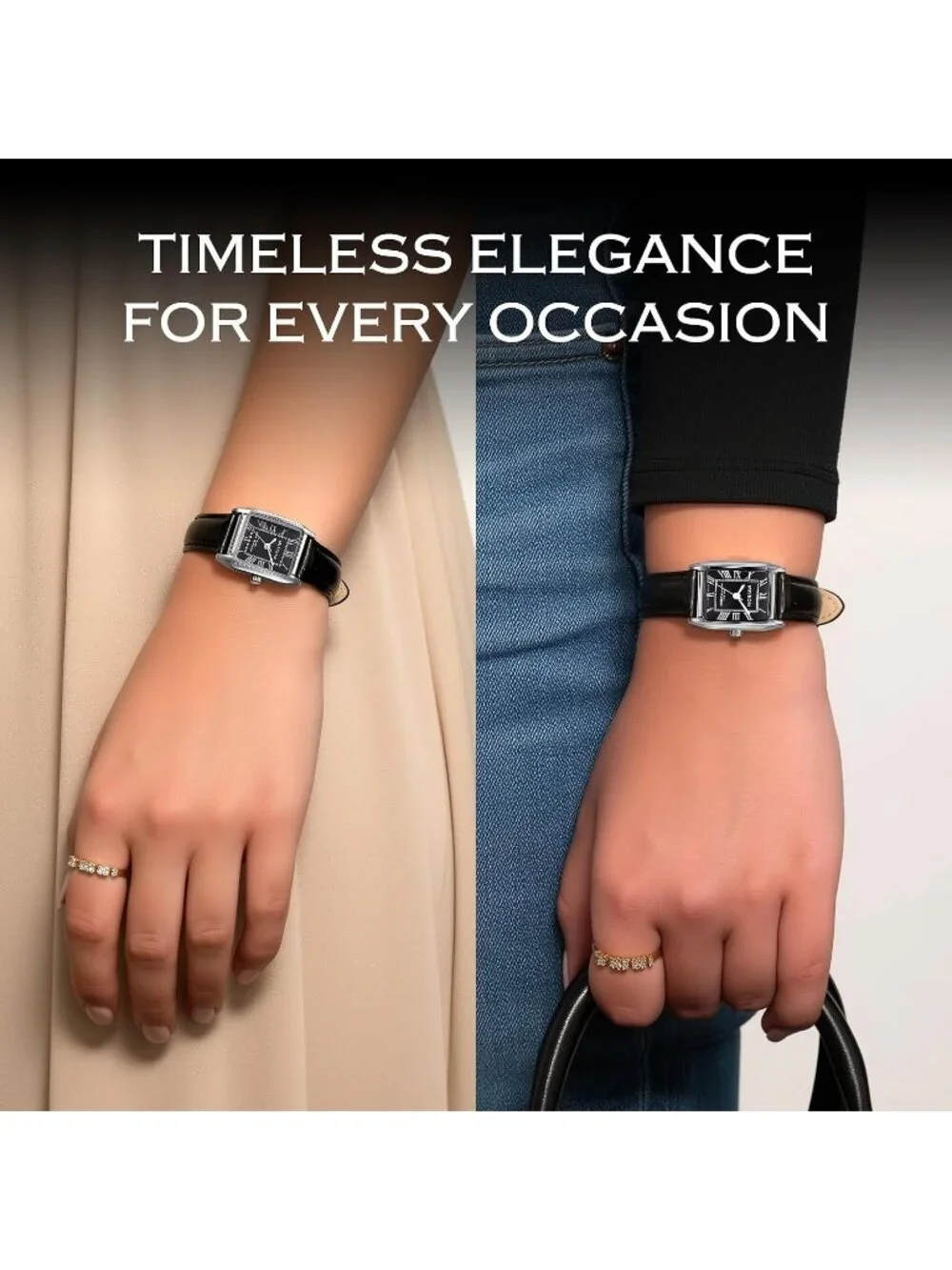 Women's Roman Silver Case Black Dial Dainty Vintage Tank Classic Square Watches